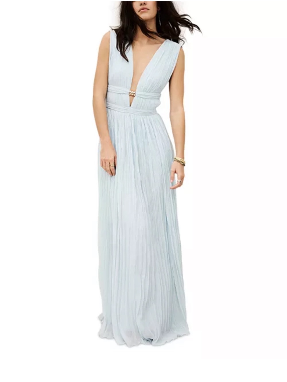 ba&sh Pale Blue Plunging V-Neck Pleated Maxi Dress
